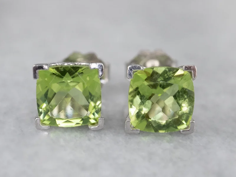 Pearl Earrings-Cushion Cut Peridot White Gold Stud Earrings