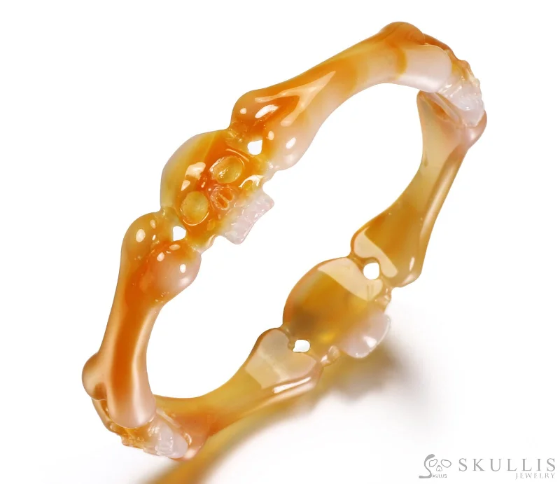 Gold Gemstone Bangles-Gem Skull Bangle of Agate Carved Skulls & Bones - 0000705