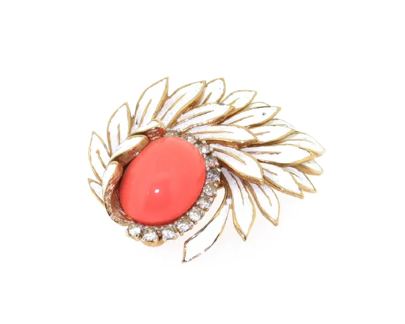 Brooch with Cubic Zirconia-Vintage Jomaz Brooch Coral White Enamel