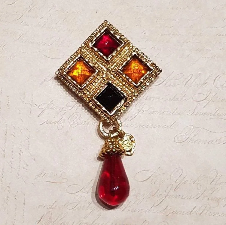 Statement Brooch-Edouard Rambaud Brooch Vintage Statement Gold Red Amber Glass