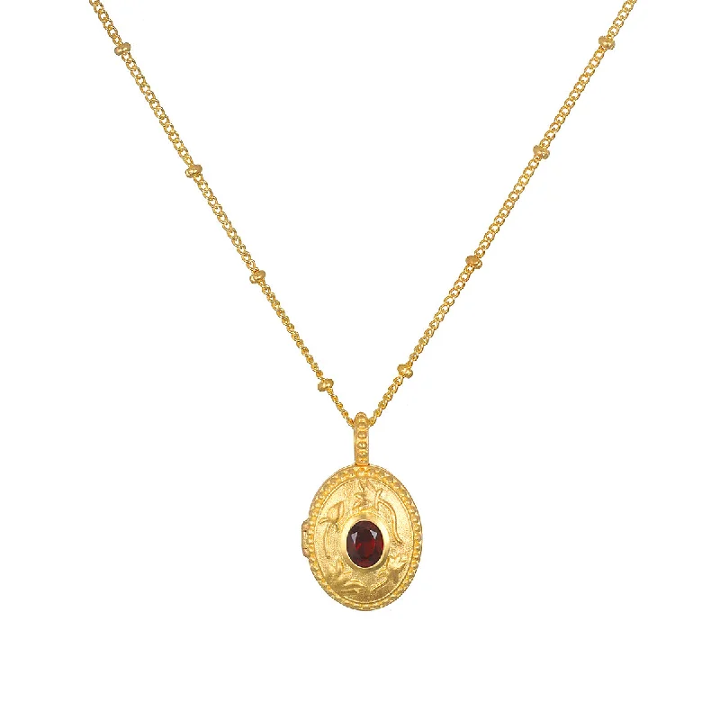 Vintage Pendant Necklaces-Lotus Garnet Birthstone Locket Necklace - January