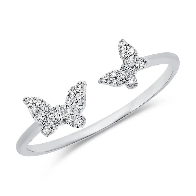 Designer Engagement Ring Sets-14K White Gold Diamond Double Butterfly Open Cuff Ring