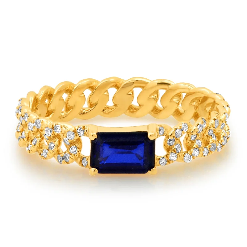 Silver Cocktail Rings-CUBAN LINK BLUE SAPPHIRE & DIAMOND RING