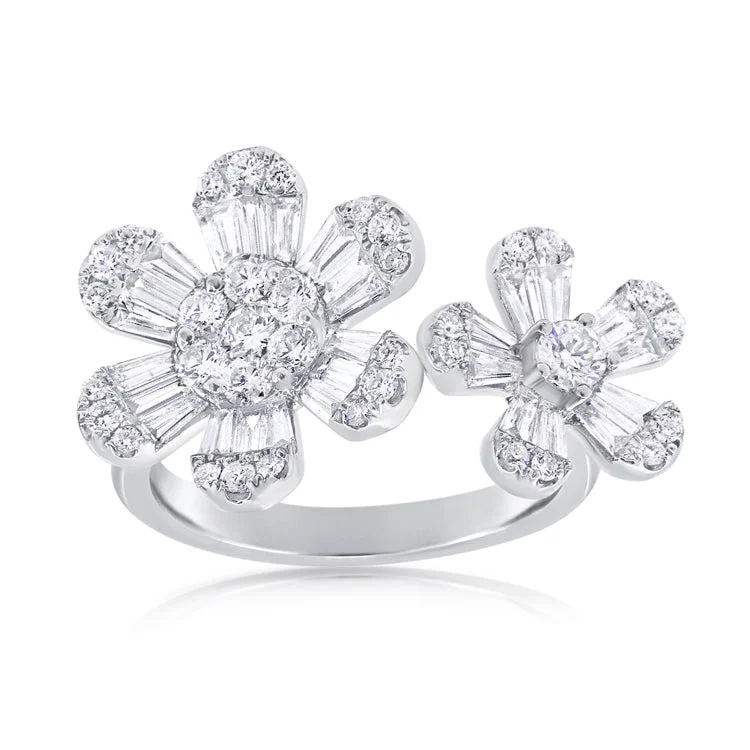 Engagement Rings for Couples-14K White Gold Double Diamond Flower Ring