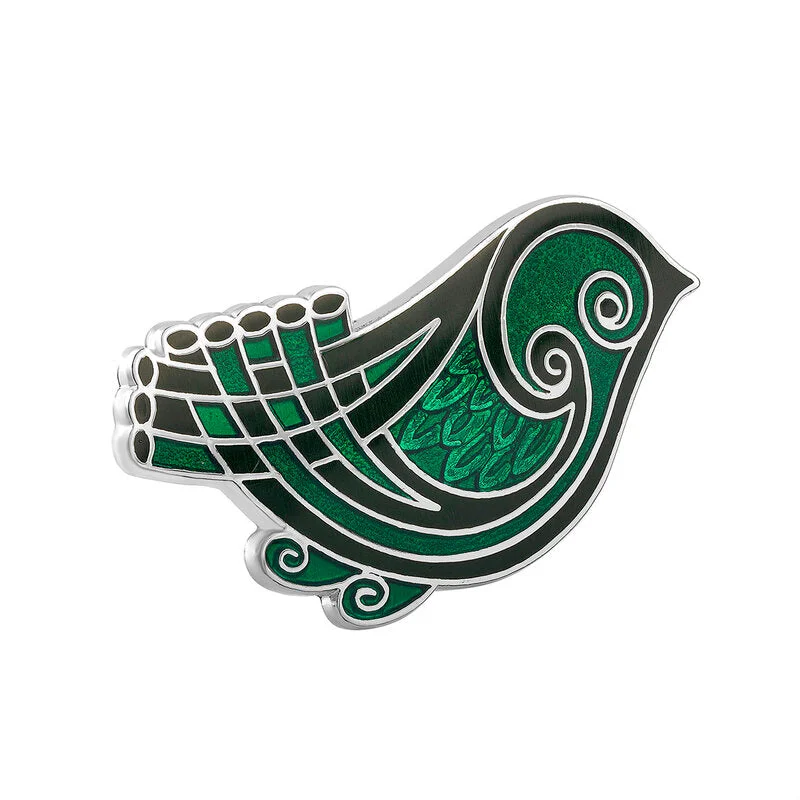 Golden Rose Brooch-Rhodium Green Enamel Bird Brooch