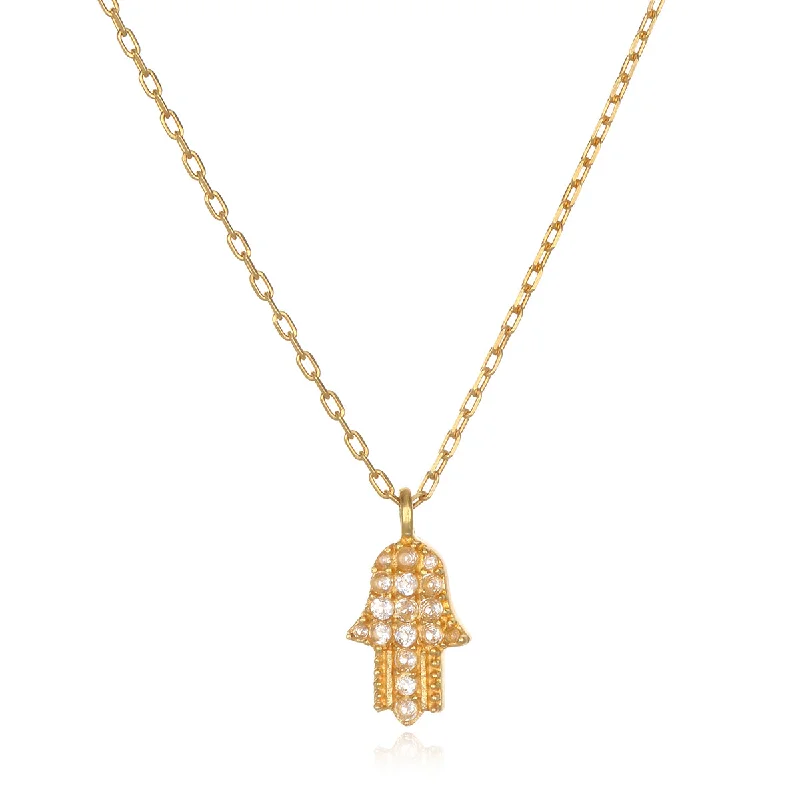 Vintage Gemstone Necklaces-Spirit Guardian White Topaz Pave Hamsa Necklace