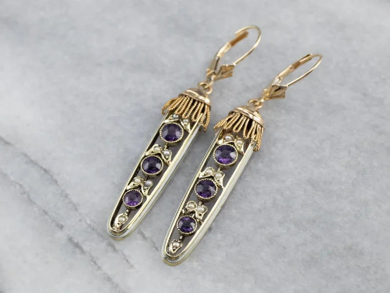 Vintage Stud Earrings-Amethyst Seed Pearl Gold Filigree Drop Earrings