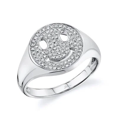 Personalized Rings-14K White Gold Pave Diamond Smiley Ring