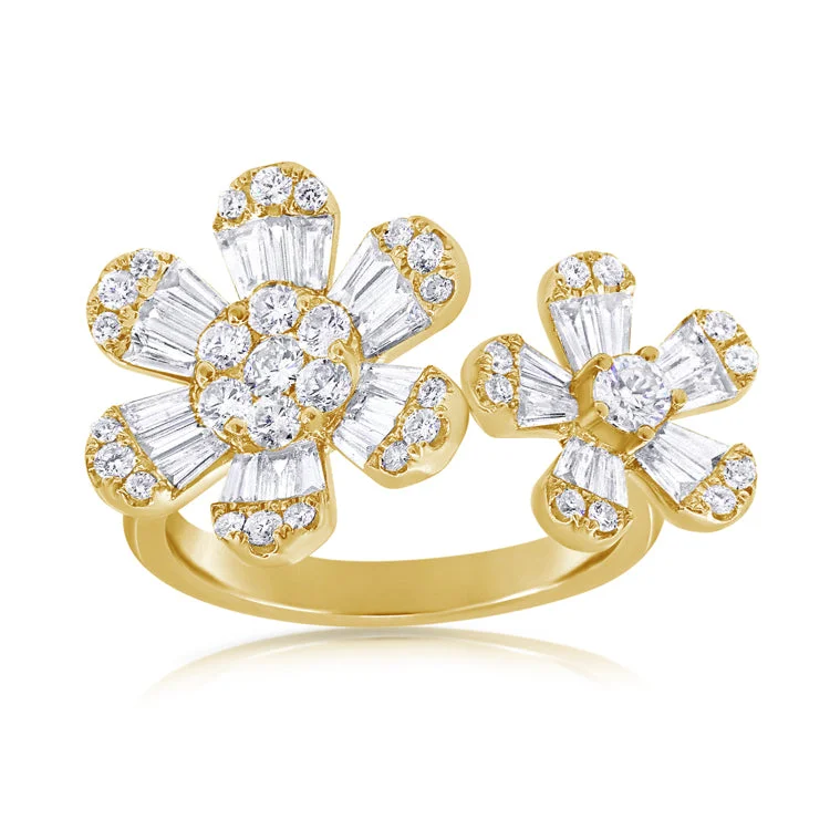 Minimalist Engagement Rings-14K Yellow Gold Double Diamond Flower Ring