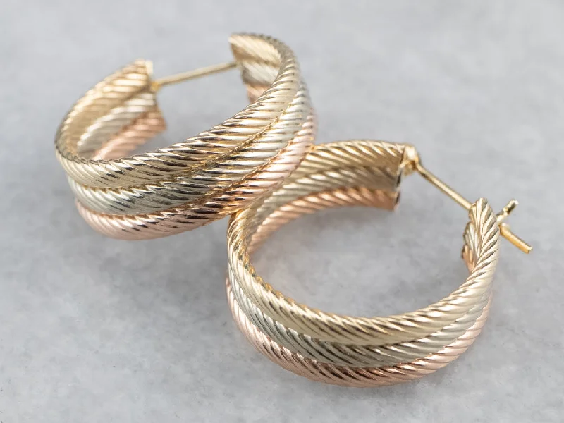 Wooden Hoop Earrings-Tri-Color Gold Hoop Earrings