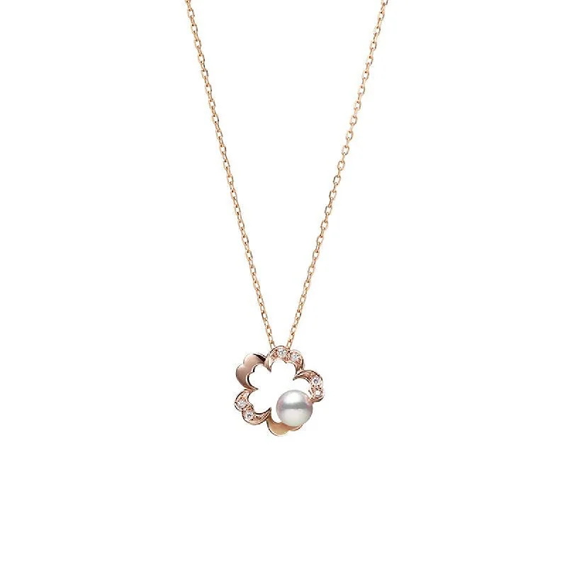 Chunky Gemstone Necklaces-Cherry Blossom Akoya Cultured Pearl Pendant Necklace in Pink Gold