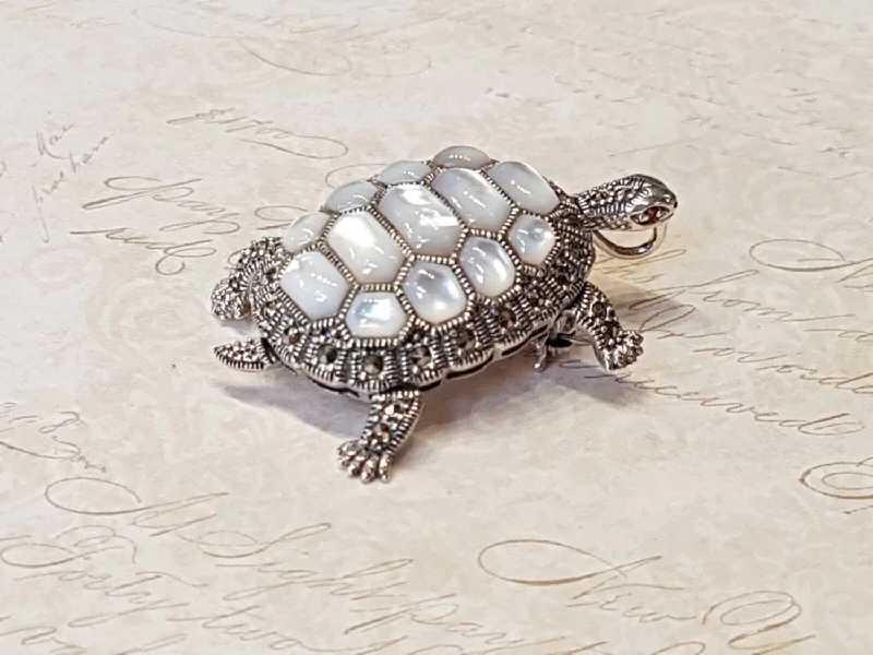 Art Nouveau Brooch-Tortoise Silver Brooch Pin in Mother of Pearl Marcasite