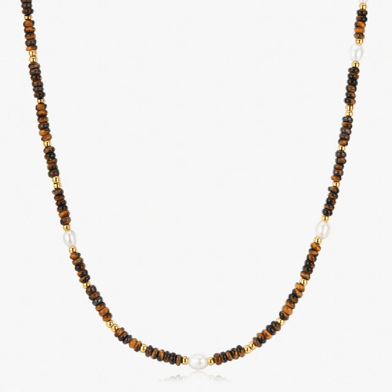 Swarovski Necklaces-Tiger Eye Beads + Pearls Necklace