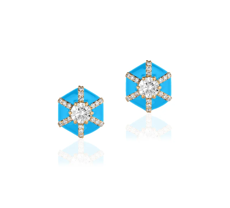 Long Gemstone Earrings-Hexagon Diamond Turquoise Enamel Stud Earrings