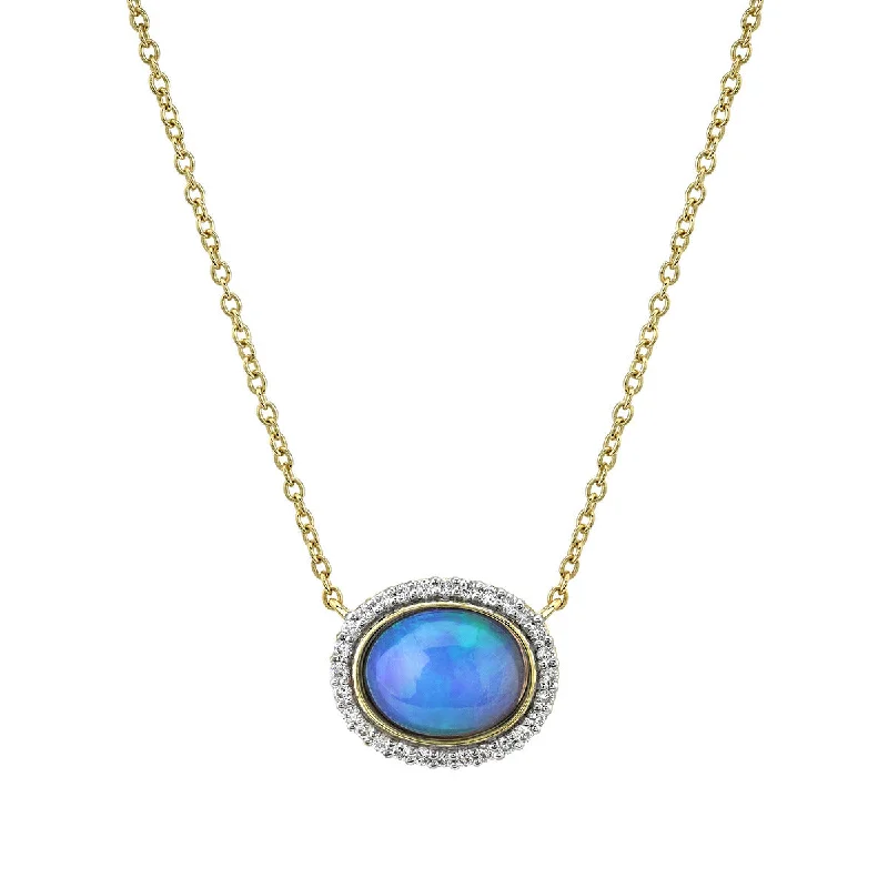 Glam Necklaces-Cabochon Ethiopian Opal and Diamond Halo Necklace