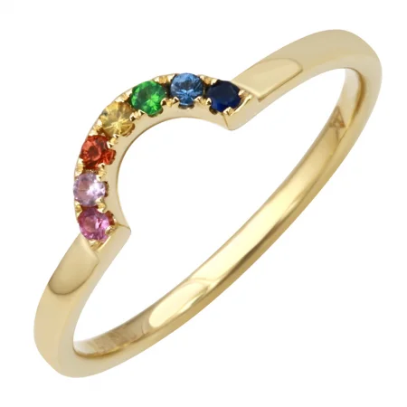 Platinum Rings-14K Yellow Gold Multi Color Sapphire Rainbow Ring