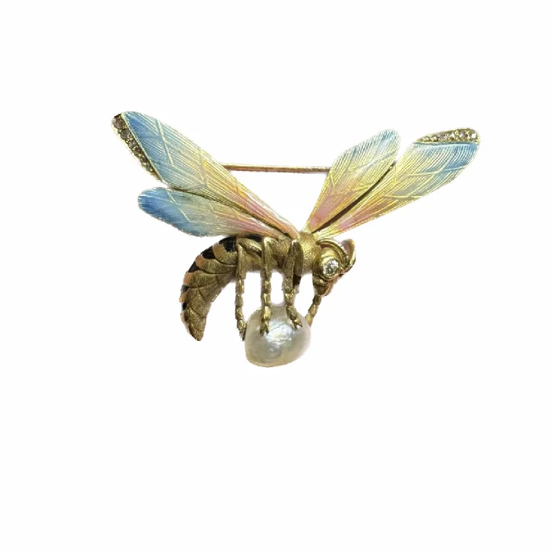 Brooch for Red Dresses-18k Yellow Gold, Enamel Diamond & Natural Pearl Wasp or Hornet Brooch