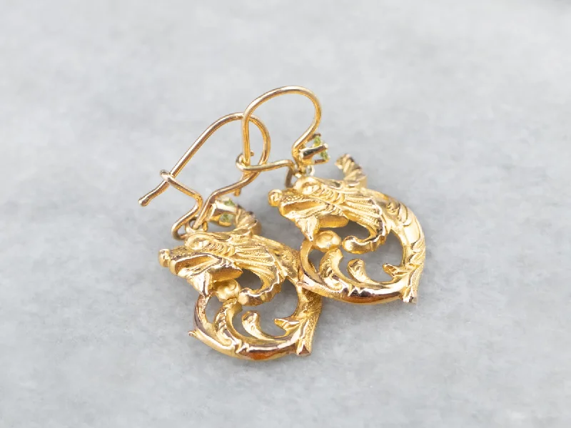 Wedding Earrings-Peridot Scrolling Gold Dragon Drop Earrings