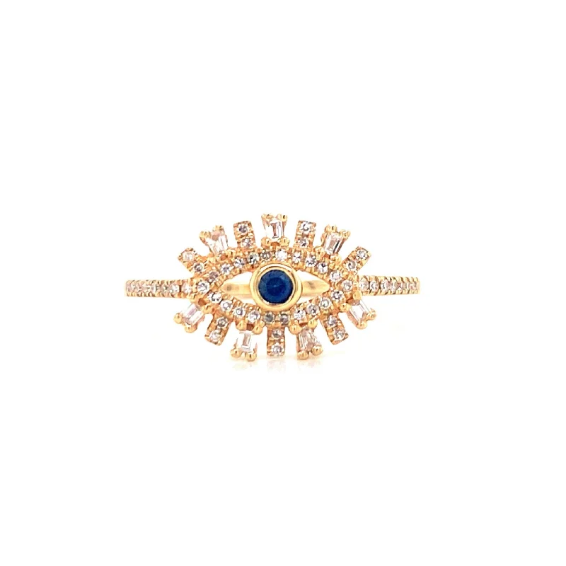 Wide Band Rings-14K Yellow Gold Diamond + Sapphire Evil Eye Ring