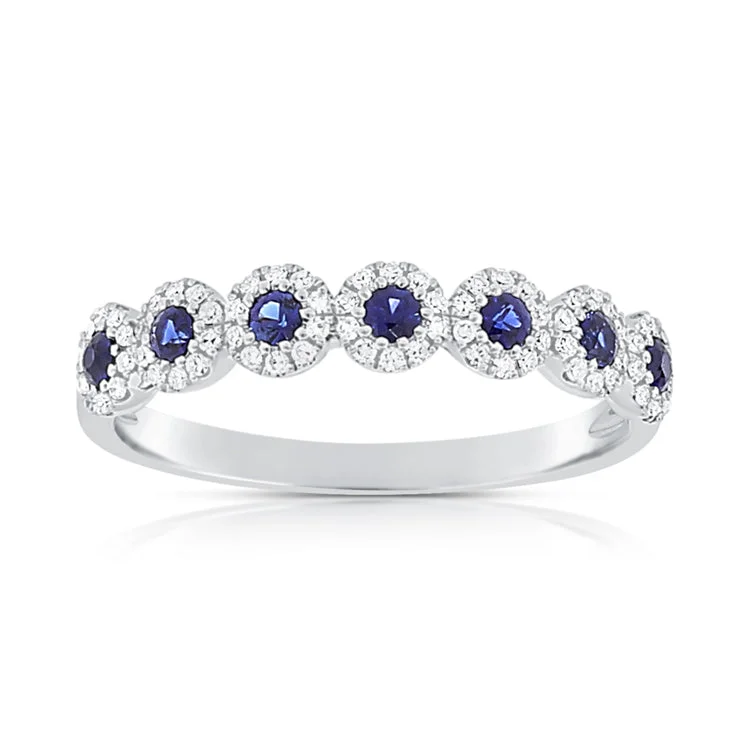 Classic Diamond Wedding Bands-14K White Gold Diamond Halo + Sapphire Band