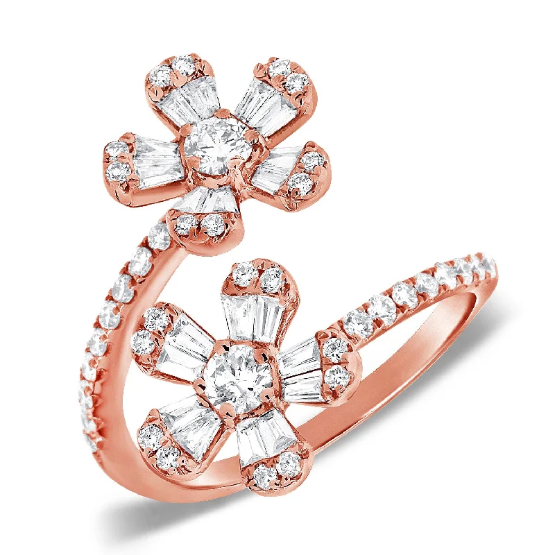 Engagement Ring with Sapphire-14K Rose Gold Round and Baguette Diamond Flower Wrap Ring