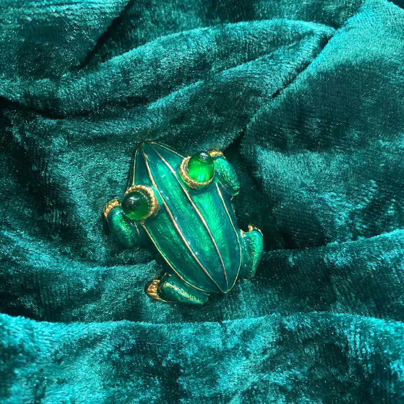 Elegant Brooch for Weddings-Green Enamel Frog Brooch by KJL