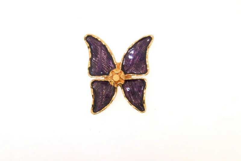 Classic Gold Brooch-Vintage YSL Butterfly Brooch Yves Saint Laurent Statement Purple Enamel