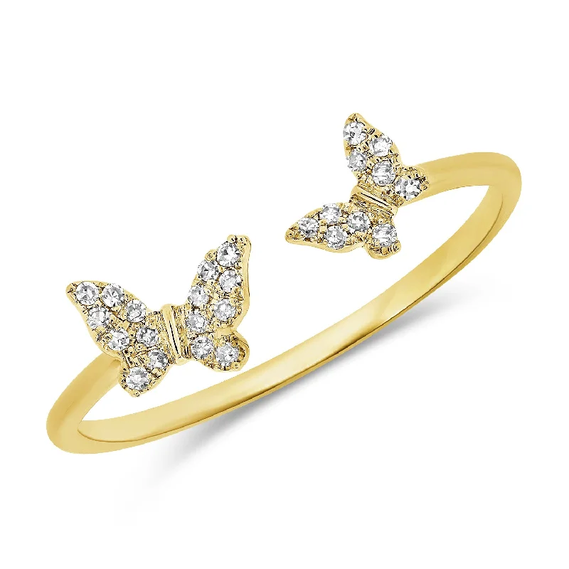 Wedding Ring Sets for Men-14K Yellow Gold Diamond Double Butterfly Open Cuff Ring