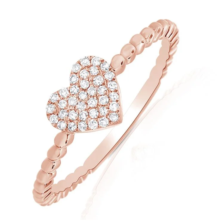 Modern Engagement Rings-14K Rose Gold Diamond Pave Heart Beaded Ring