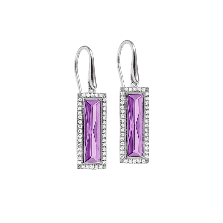 Rose Gold Stud Earrings-Rhodium Finish Sterling Silver Earrings with Rectangular Simulated Light Amethyst Stones and Simulated Diamonds