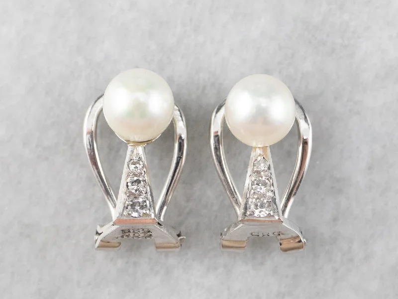 Boho Stud Earrings-Pearl and Diamond Clip-On Earrings