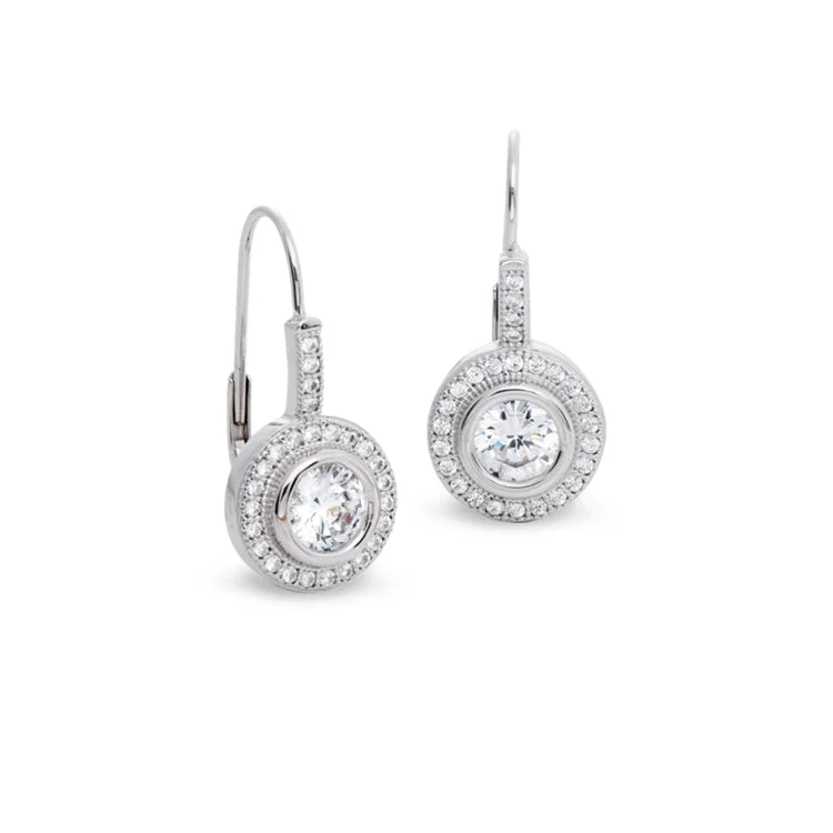 Gothic Earrings-Platinum Finish Sterling Silver Micropave Round Lever Back Earrings with 27 Simulated Diamonds