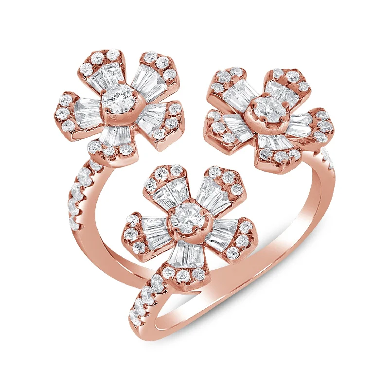 Custom Diamond Wedding Rings-14K Rose Gold Diamond Triple Flower Wrap Ring