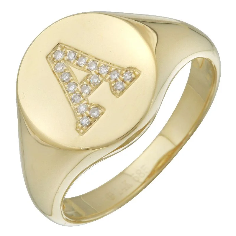 Luxury Engagement Rings-14K Yellow Gold Diamond Initial Signet Ring