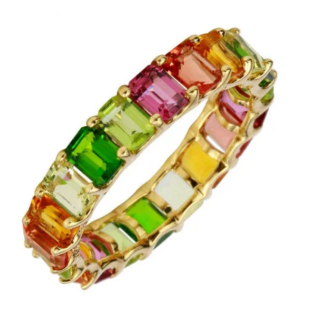 Ruby Rings-14K Yellow Gold Multi-Sapphire Emerald Cut Eternity Ring (Small)