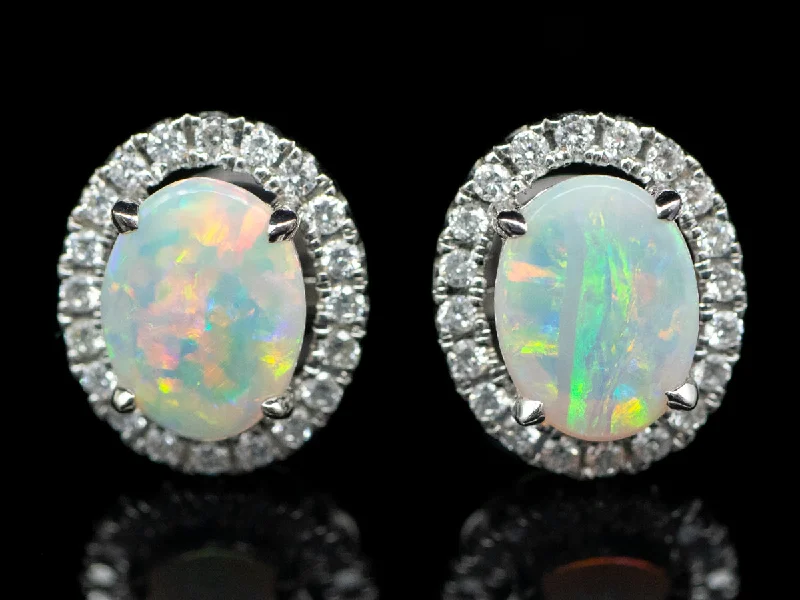 Silver Dangle Earrings-Sparkling Opal and Diamond Halo Stud Earrings