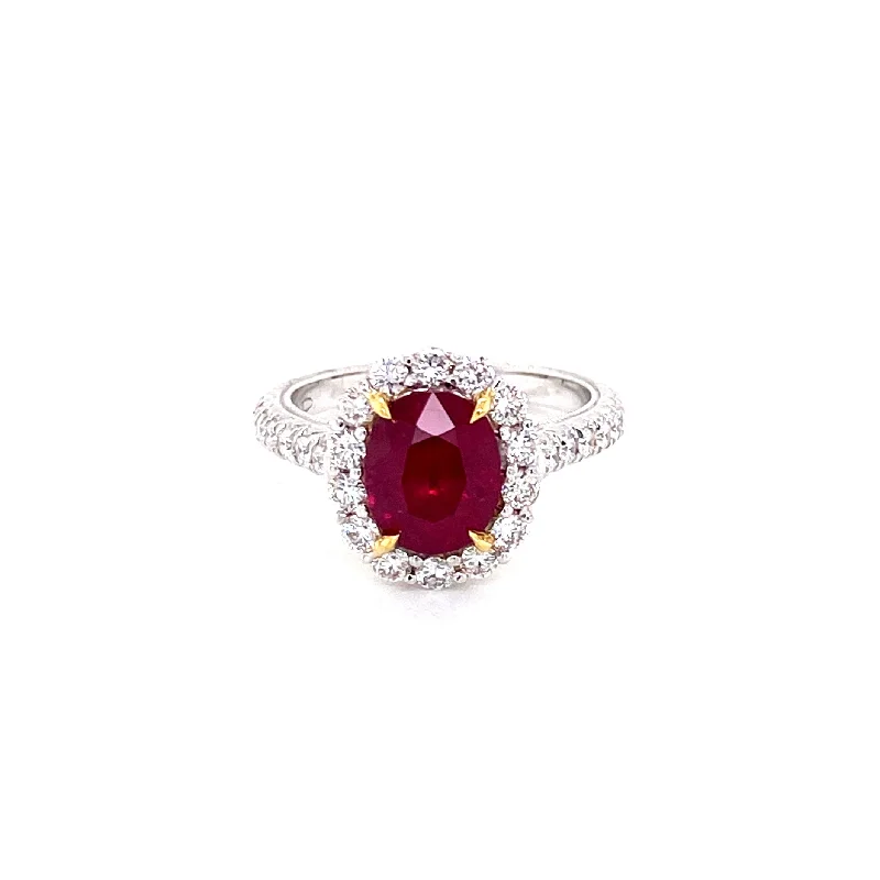 Moissanite Engagement Rings-18K White & Yellow Gold Diamond + Oval Ruby Ring