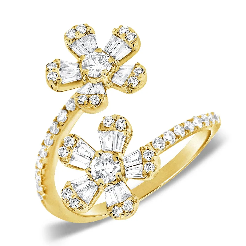 Double Band Rings-14K Yellow Gold Round and Baguette Diamond Flower Wrap Ring