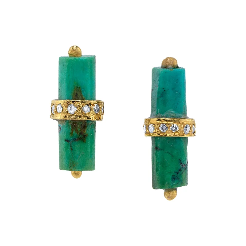 Art Nouveau Earrings-Turquoise Barrel Diamond Bar Stud Earrings