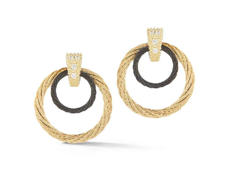 Summer Earrings-ALOR Black & Yellow Cable Droplet Stud Earrings with 18kt White Gold & Diamonds