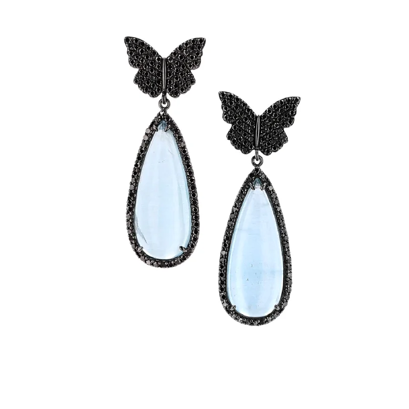 Simple Pearl Earrings-Black Diamond Butterfly and Aquamarine Drop Earrings SEB00006