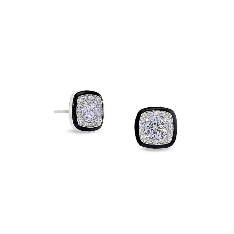 Cute Hoop Earrings-Platinum Finish Sterling Silver Micropave Cushion Cut Earrings with Thin Black Enamel and Simulated Diamonds