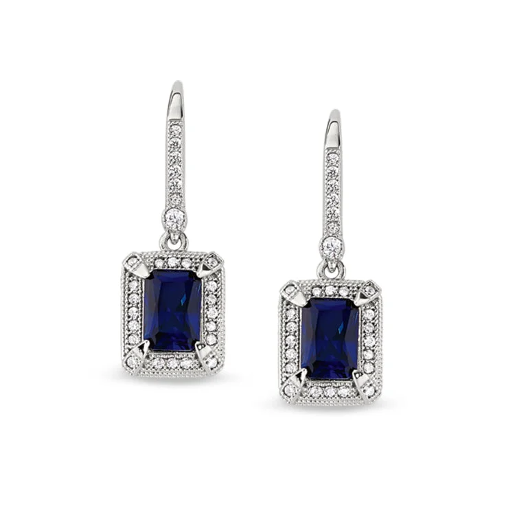 Crystal Earrings-Platinum Finish Sterling Silver Micropave Emerald Cut Synthetic Blue Sapphire Earrings with Simulated Diamonds