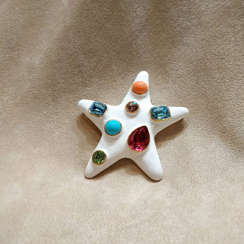 Retro Brooch for Coats-Kenneth Jay Lane Starfish Brooch White Enamel Coral Turquiose Large Statement