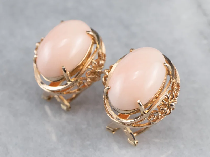 Wedding Stud Earrings-Pink Coral Rose Gold Filigree Statement Earrings