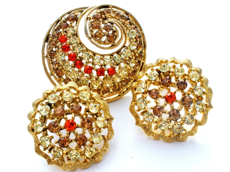 Nature-inspired Earrings-Vintage Rhinestone Brooch & Earrings Set