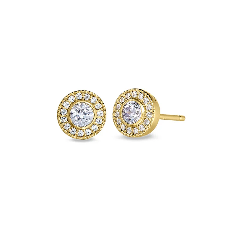 Vintage Stud Earrings-Gold Finish Sterling Silver Micropave Round Simulated Light Amethyst Earrings with Simulated Diamonds