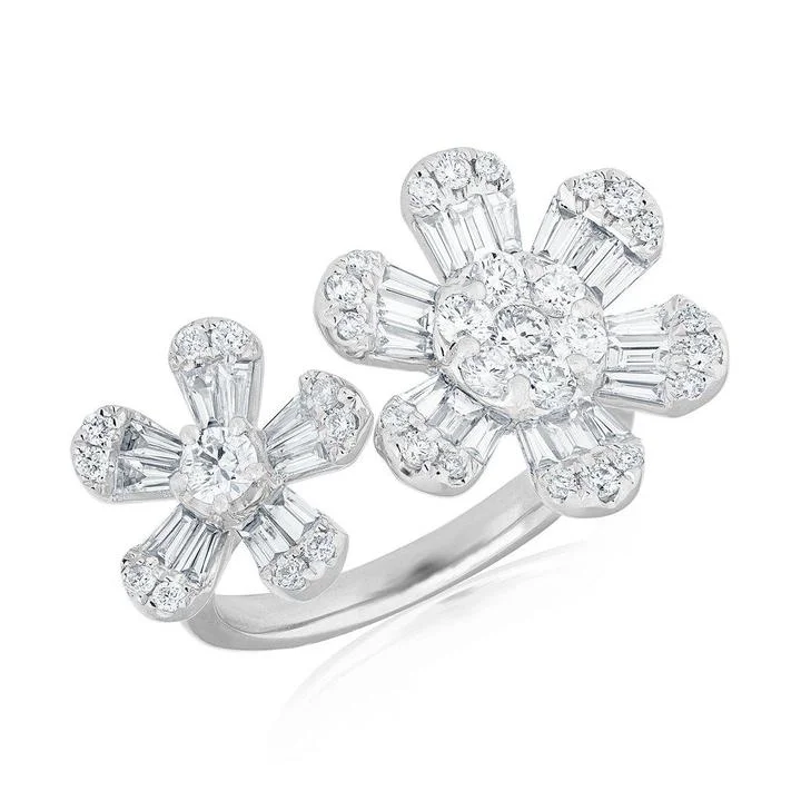 Princess Cut Rings-14k White Diamond Baguette double Flower Ring