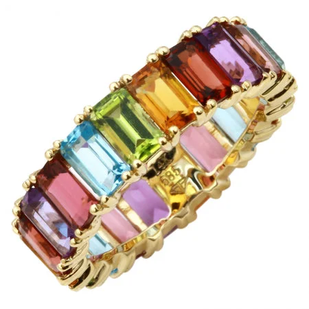 Emerald Rings-14K Yellow Gold Multi-Sapphire Emerald Cut Eternity Ring (Large)