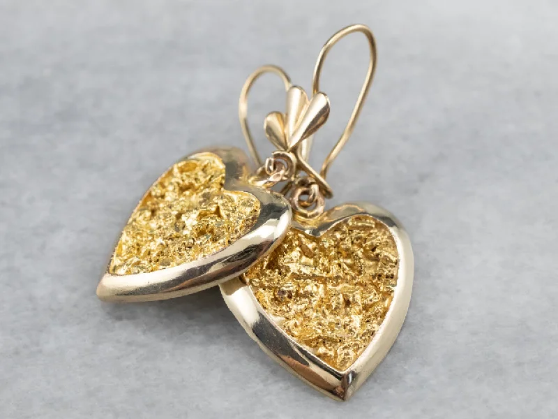 Classic Earrings-Gold Nugget Center Heart Drop Earrings